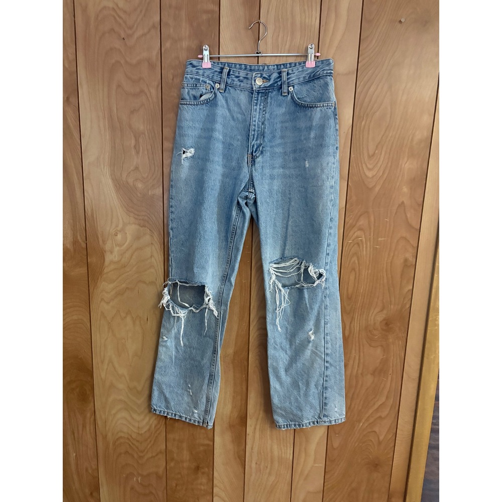 Zara Womens Distressed High Waisted Straight Leg Light Wash Denim Jeans 29